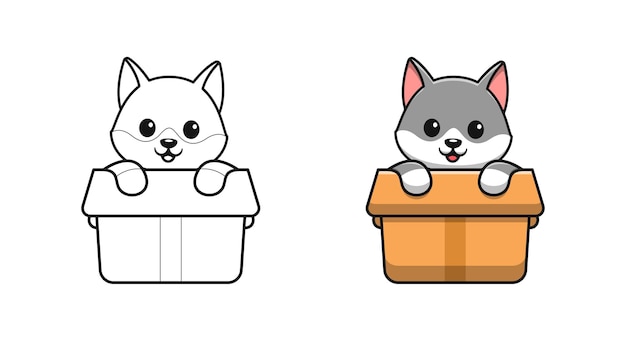 Schattige wolf in doos cartoon kleurplaten voor kinderen