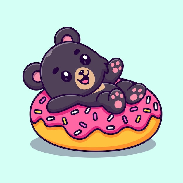 Gratis vector schattige zwarte beer lag op donut cartoon vector pictogram illustratie dierlijk voedsel pictogram concept geïsoleerd