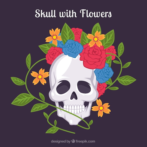 Gratis vector schedel met gekleurde rozen