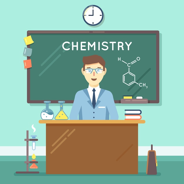 Scheikundeleraar in de klas. schoolwetenschappelijke studie, universitair manonderzoek. vector illustratie platte onderwijs achtergrond