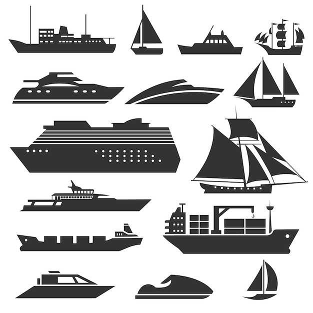 Schepen en boten. Borden voor binnenschip, cruiseschip, scheepvaart en vissersboot. Zwart silhouet van mariene voertuigenillustratie