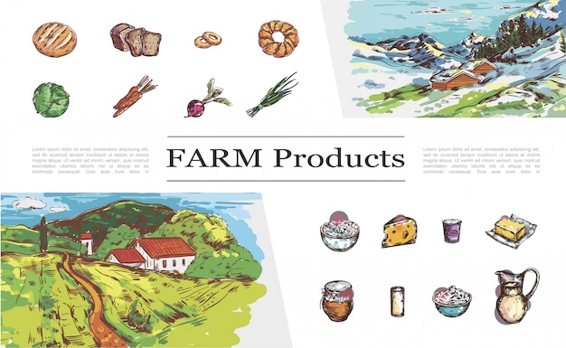 Schets boerderijproducten collectie met brood groenten kaas melk yoghurt boter honing room en natuur landschappen met landhuizen