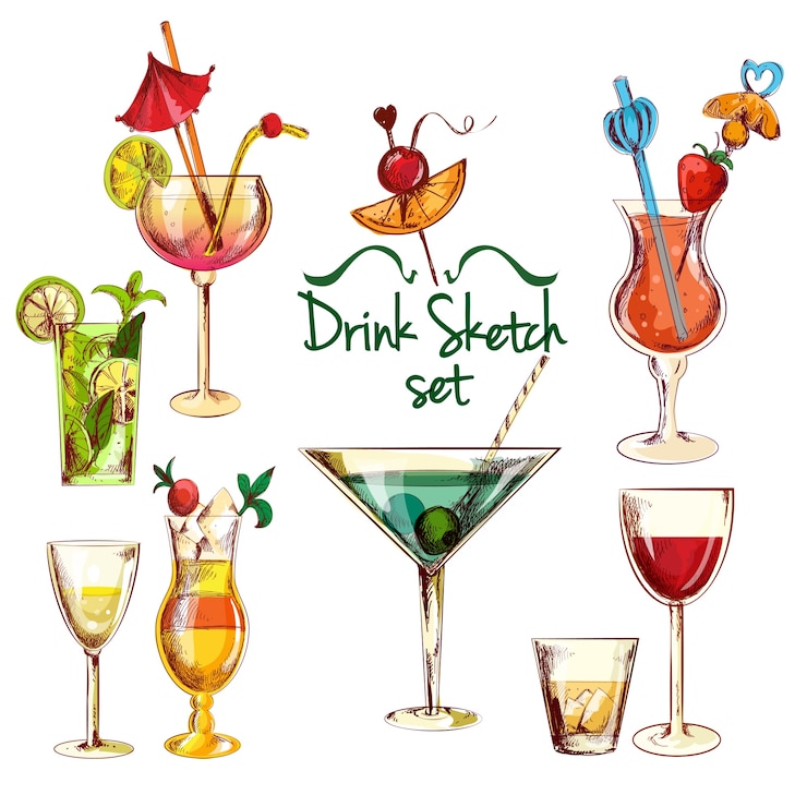 Gratis Vector schets cocktail set