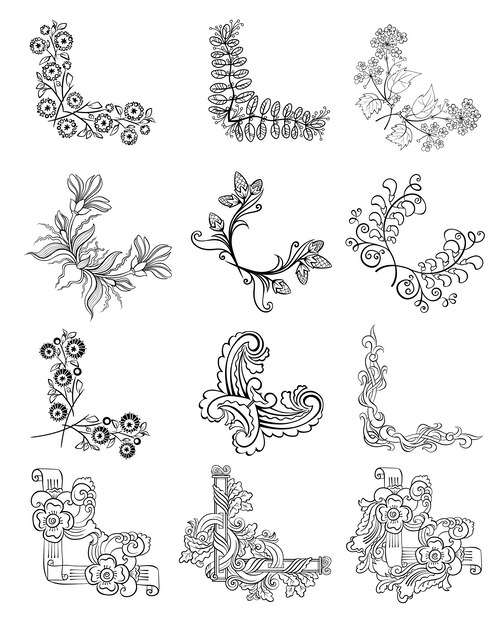 Schets decoratieve Floral Corner Borders collectie