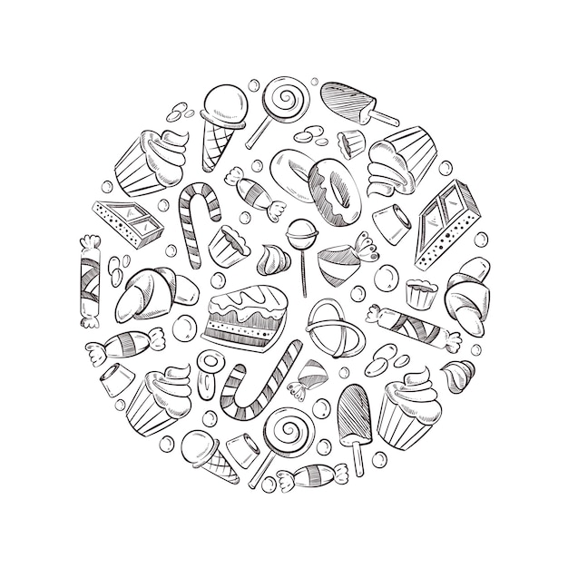 Schets doodle snoepjes, snoep, ijs illustratie.