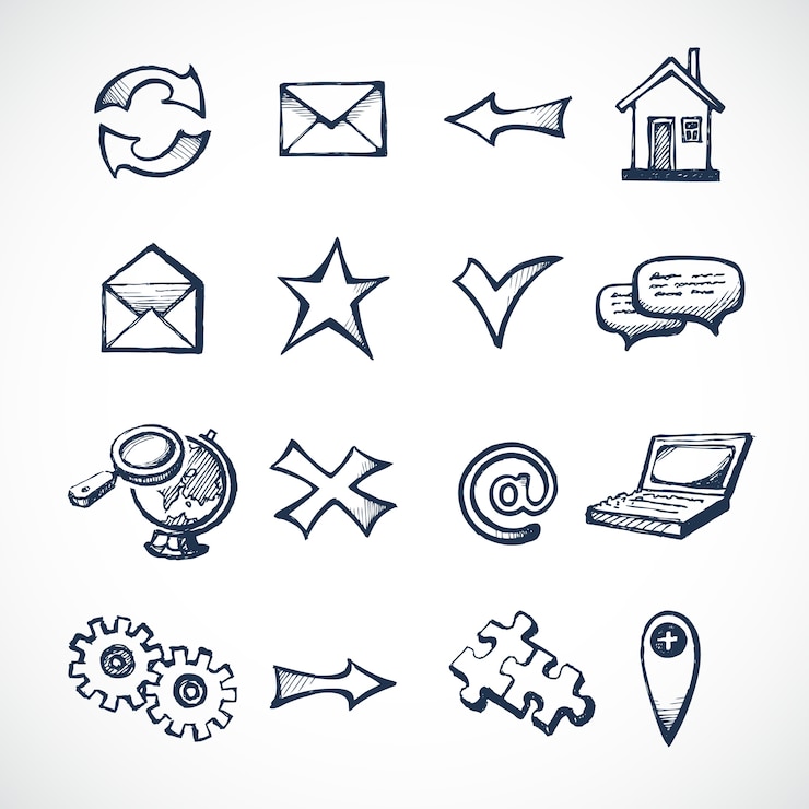 Gratis Vector schets infographic pictogrammen instellen met globe klok computer puzzel geld geïsoleerde vector illustratie