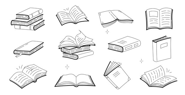 Schetsen van open en gesloten boeken, stapel schoolboeken, woordenboek of romans met blanco omslagen. Vector doodle iconen van literatuur voor bibliotheek, winkel, universiteit of school geïsoleerd op een witte achtergrond