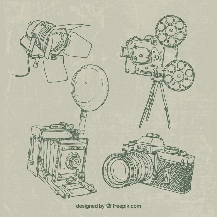 Gratis Vector schetsmatig fotoapparatuur collectie