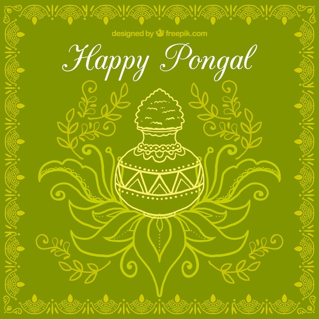 Gratis vector schetsmatig pongal pot op een groene achtergrond