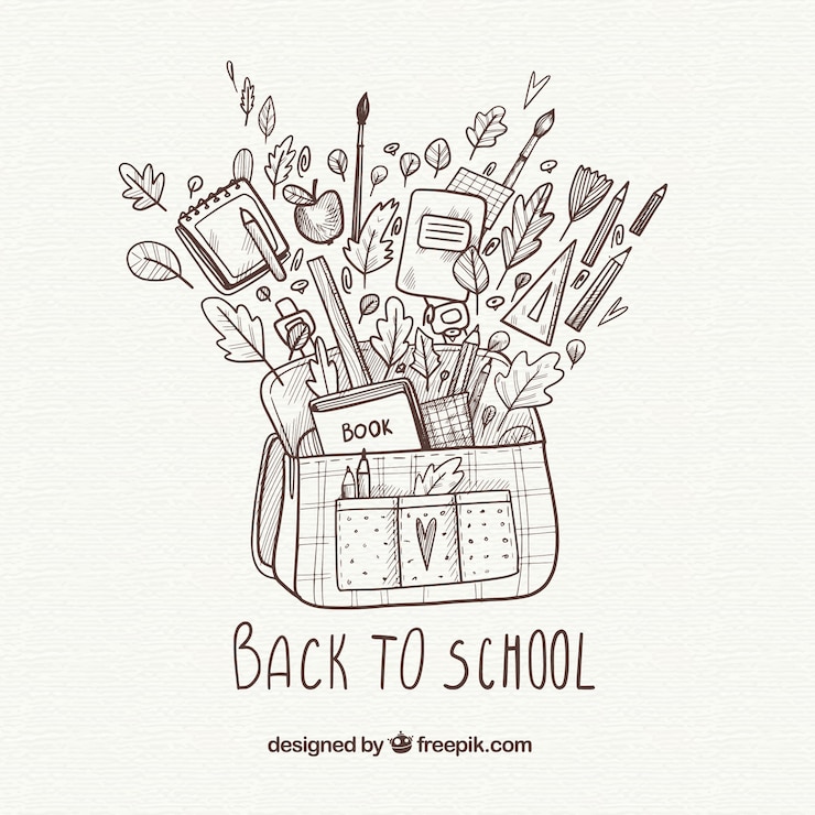 Gratis Vector schetsmatige tas vol schoolmateriaal