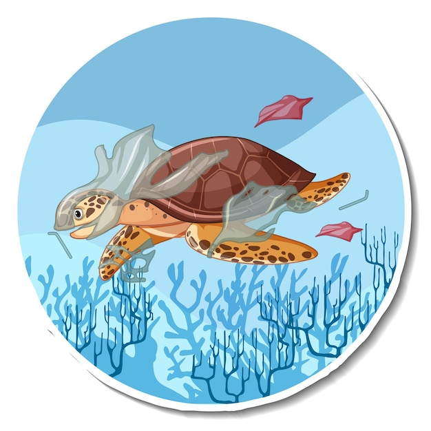 Gratis vector schildpad zit vast met plastic afval cartoon sticker