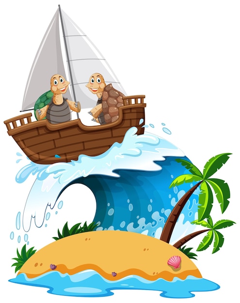 Gratis vector schildpadden op zeilboot met oceaangolf