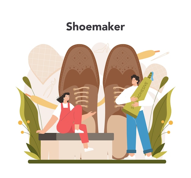 Schoenmakerconcept Vakman die een schort draagt die schoen herstelt Handgemaakte schoenen die schoenmakerberoep vervaardigen Geïsoleerde vectorillustratie