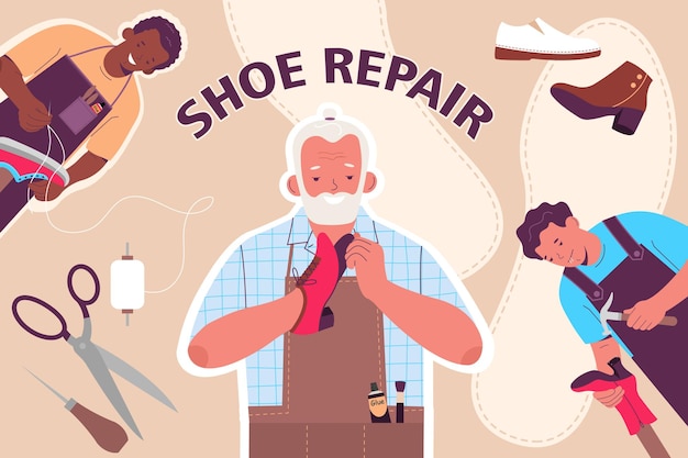 Gratis vector schoenreparatie platte collage samenstelling met geïsoleerde gekleurde tools schoenen schoen reparateurs vector illustratie