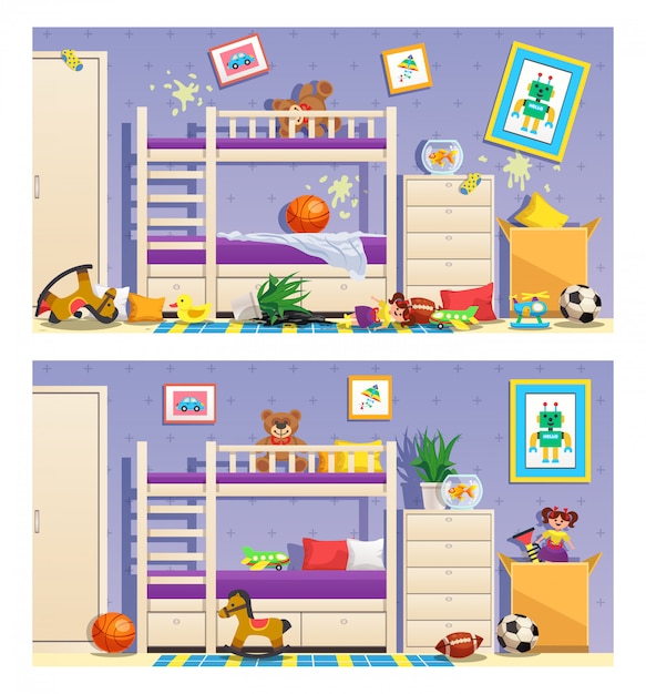 Gratis vector schone en rommelige kinderkamer set van banners met meubels en interieurobjecten geïsoleerd