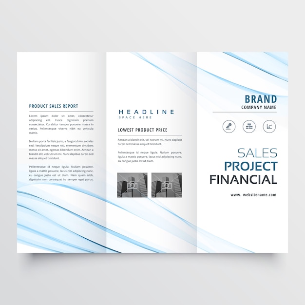 Schone minimale driebladige brochure flyer folder ontwerp met blauwe golf