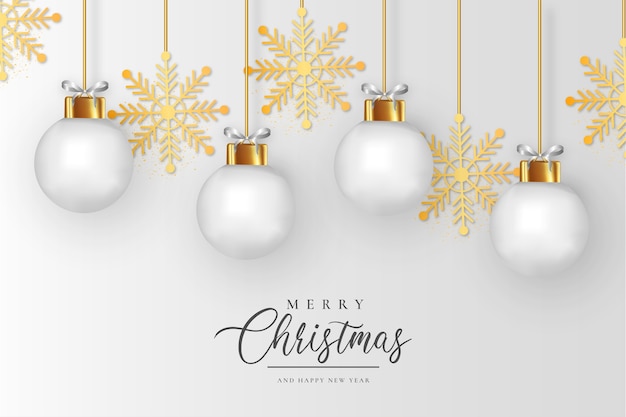 Gratis vector schone prettige kerstdagen en gelukkig nieuwjaar achtergrond met realistische witte kerstballen en gouden sneeuwvlokken