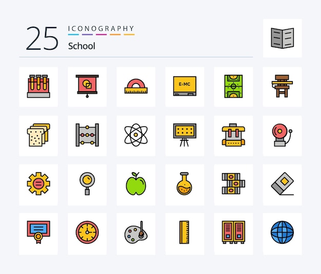 School 25 line filled icon pack inclusief voetbal entertainment design formulebord