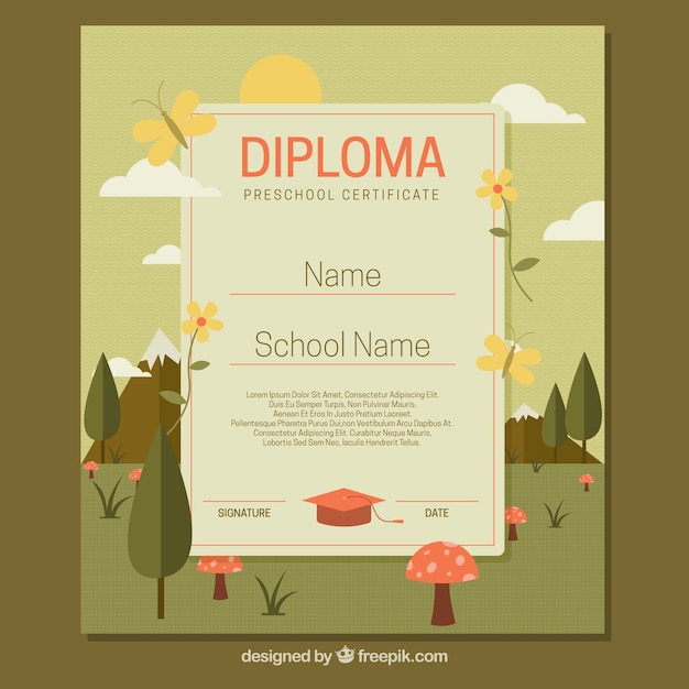 Gratis vector school diploma met landschap