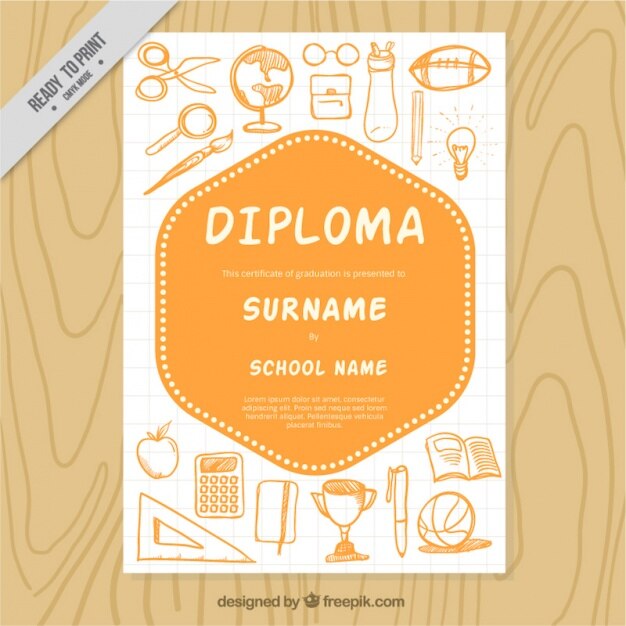 Gratis vector school diploma sjabloon met sketches