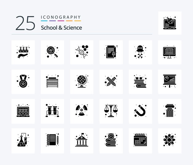 School en wetenschap 25 Solid Glyph-pictogrampakket inclusief doodstaak dna-pin-notitie