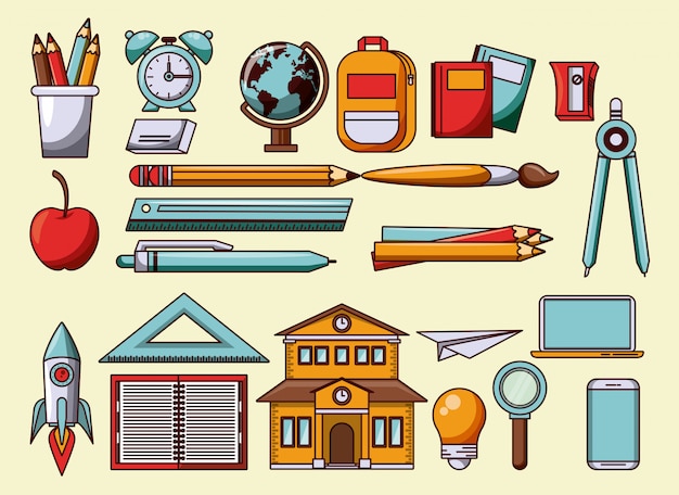 School gebruiksvoorwerpen en cartoons symbolen