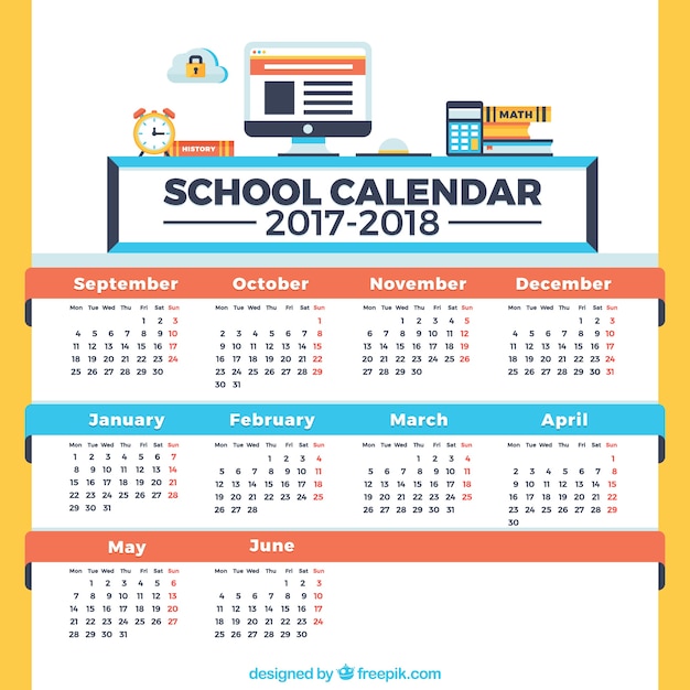 School kalender, blauw, rood en geel