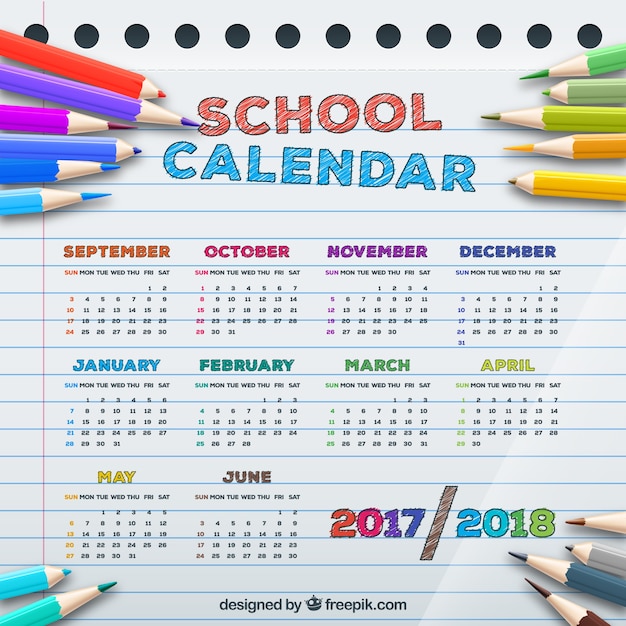 Gratis vector school kalender met kleurpotloden in realistische stijl