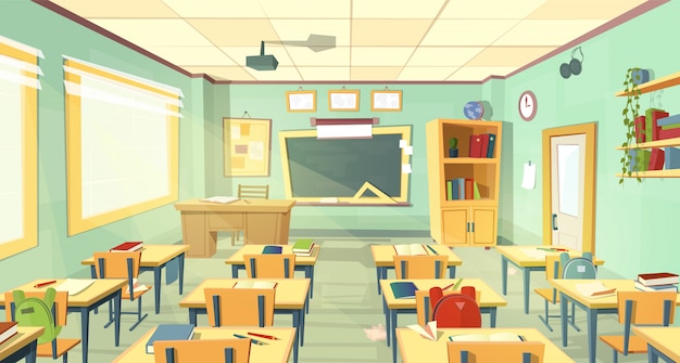 Gratis vector school klas interieur. universiteit, onderwijsconcept, bord, tafel