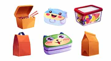 Gratis vector school lunchbox met kindervoedsel en tas voor snacks