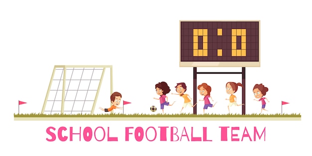 Gratis vector school sport spel voetbalteam op atletisch veld tijdens match cartoon samenstelling op witte achtergrond