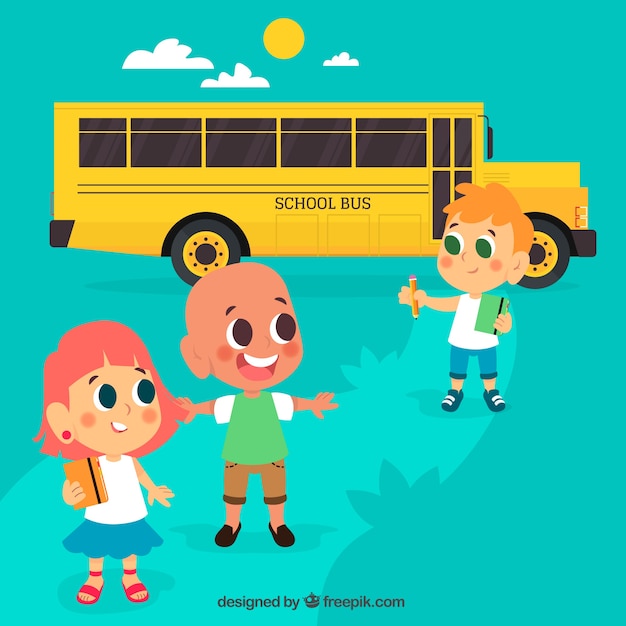 Gratis vector schoolbus en kinderen met een plat ontwerp