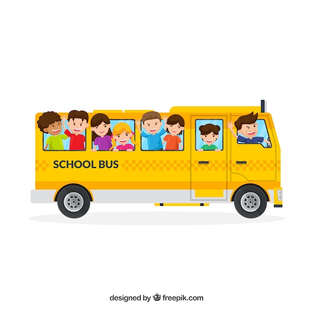 Schoolbus en kinderen met een plat ontwerp