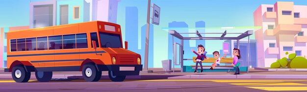 Schoolbushalte voor kind student op weg cartoon afbeelding Jongen en vriendin vrienden wachten op veiligheid retro vervoer naar de kleuterschool Academie kinderen levensstijl met rijden op stadsgezicht