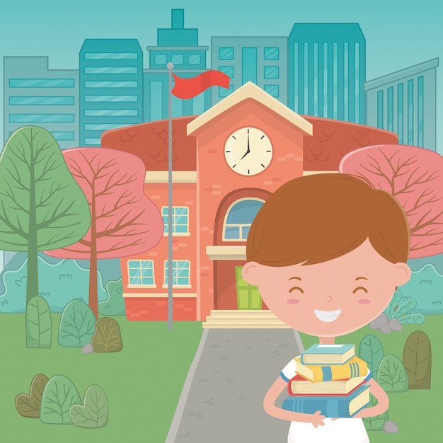 Gratis vector schoolgebouw en jongen cartoon