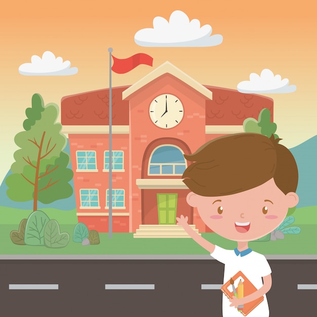 Gratis vector schoolgebouw en jongen cartoon