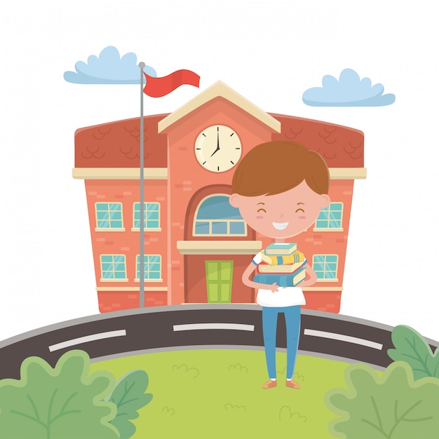 Gratis vector schoolgebouw en jongen cartoon