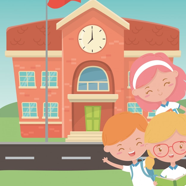 Gratis vector schoolgebouw en kinderen