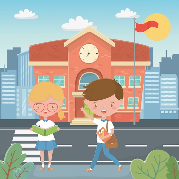 Gratis vector schoolgebouw en kinderen