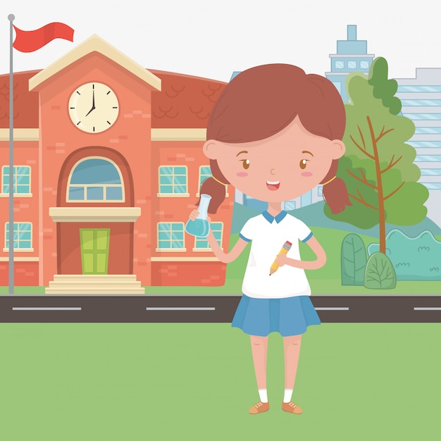 Gratis vector schoolgebouw en meisje cartoon