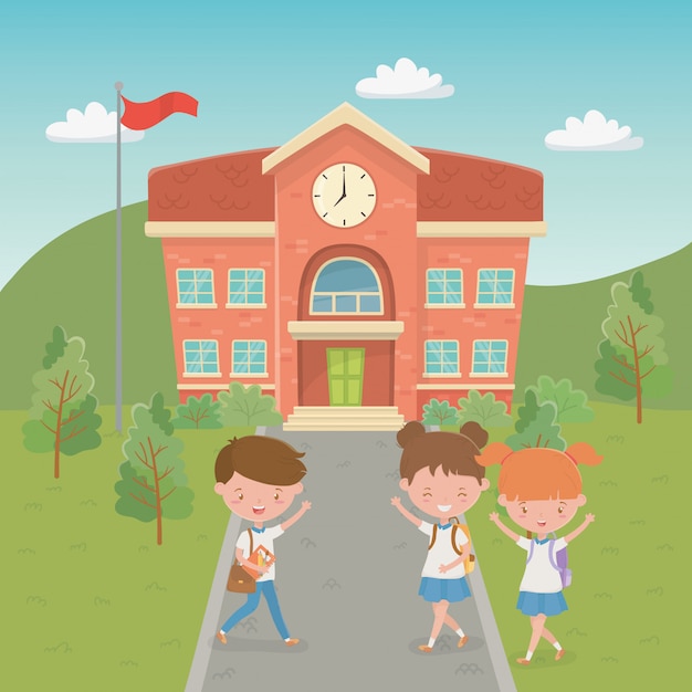 Gratis vector schoolgebouw met kinderen in de scene