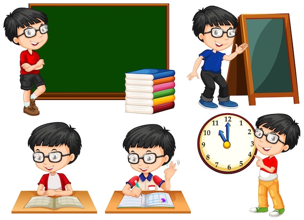 Gratis vector schooljongen doet verschillende acties op schoolillustratie