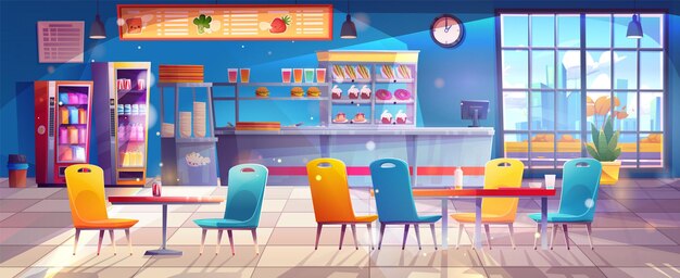 Schoolkantine interieur met voedsel vector cartoon achtergrond Cafetaria rechtbank met keuken voor student dineren of lunch hal in college Office lunchroom foodcourt met automaat en raam