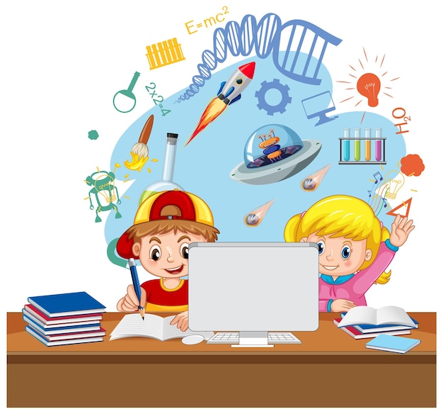 Gratis vector schoolkinderen studeren achter de computer