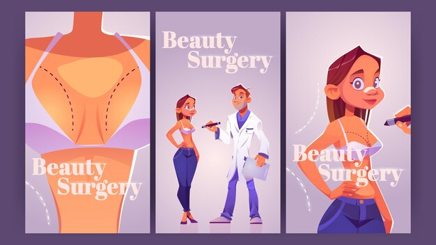 Schoonheid chirurgie cartoon advertenties posters flyers set