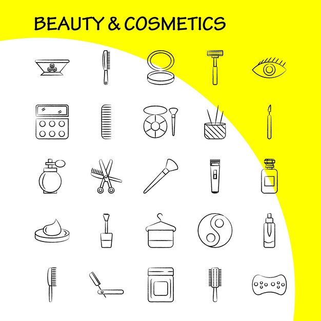Gratis vector schoonheid en cosmetica handgetekend pictogram voor webprint en mobiele uxui-kit zoals bowl food kitchen beauty cosmetische make-up powder puff pictogram pack vector