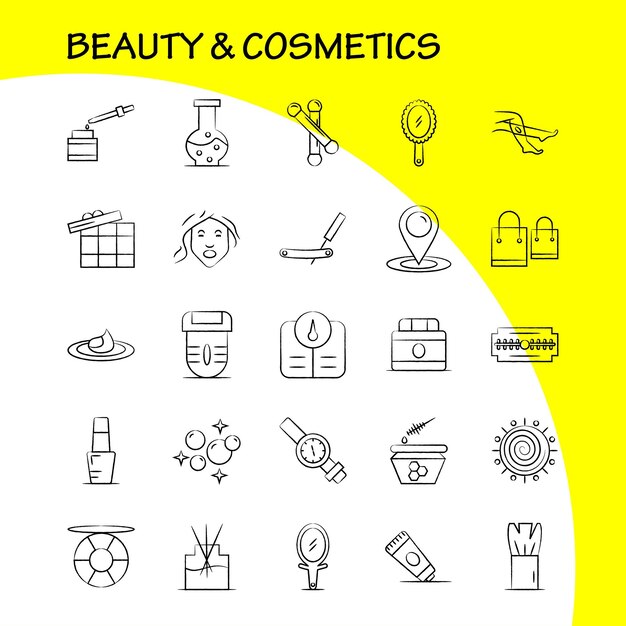 Schoonheid en cosmetica Handgetekende pictogrammen instellen voor infographics Mobiele UXUI-kit en printontwerp Inclusief mes Gesneden scheermes Cosmetische locatie Cosmetische schoonheid Bad Icon Set Vector