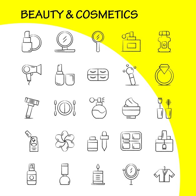 Schoonheid en cosmetica Handgetekende pictogrammen instellen voor infographics Mobiele UXUI-kit en printontwerp omvatten gezicht Foundation Vloeibare make-up Schoonheidsborstel Make-up schoonheid Icon Set Vector