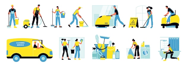 Gratis vector schoonmaakservice geïsoleerde pictogrammen set van mensen die werken met industriële stofzuiger en minitractor voor het reinigen van bestrating platte vectorillustratie