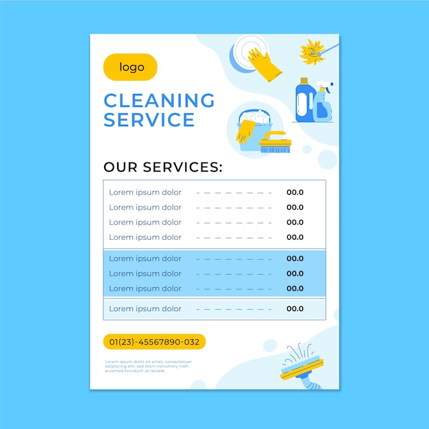 Gratis vector schoonmaakservice prijslijst sjabloonontwerp